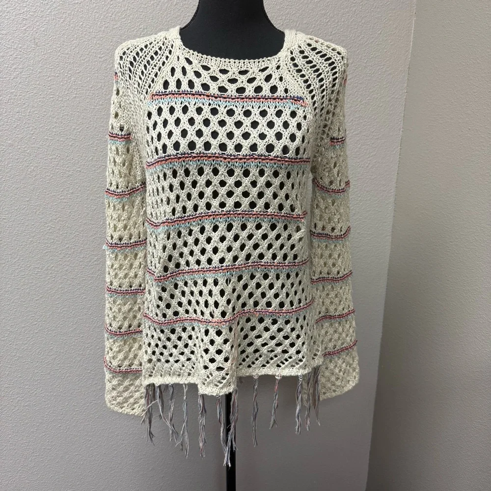 Poof! by Free People Open Knit Fringe Sweater Cream Boho Festival Beach Cover - Picture 2 of 10